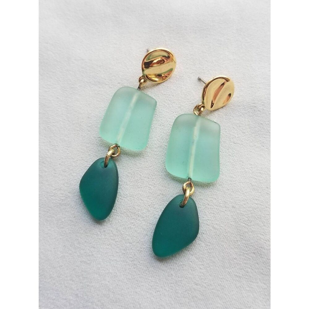 J. Crew Aqua Green Sea Glass Linear Drop Earrings in Gold